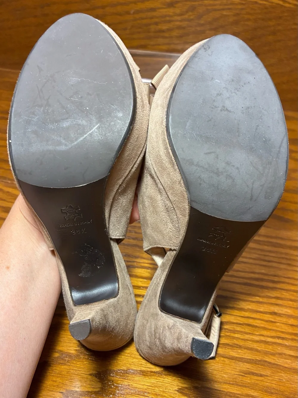 Gastone Lucioli ITALY Beaded Suede Platform Slingback Heels Taupe EU 38.5 US 8